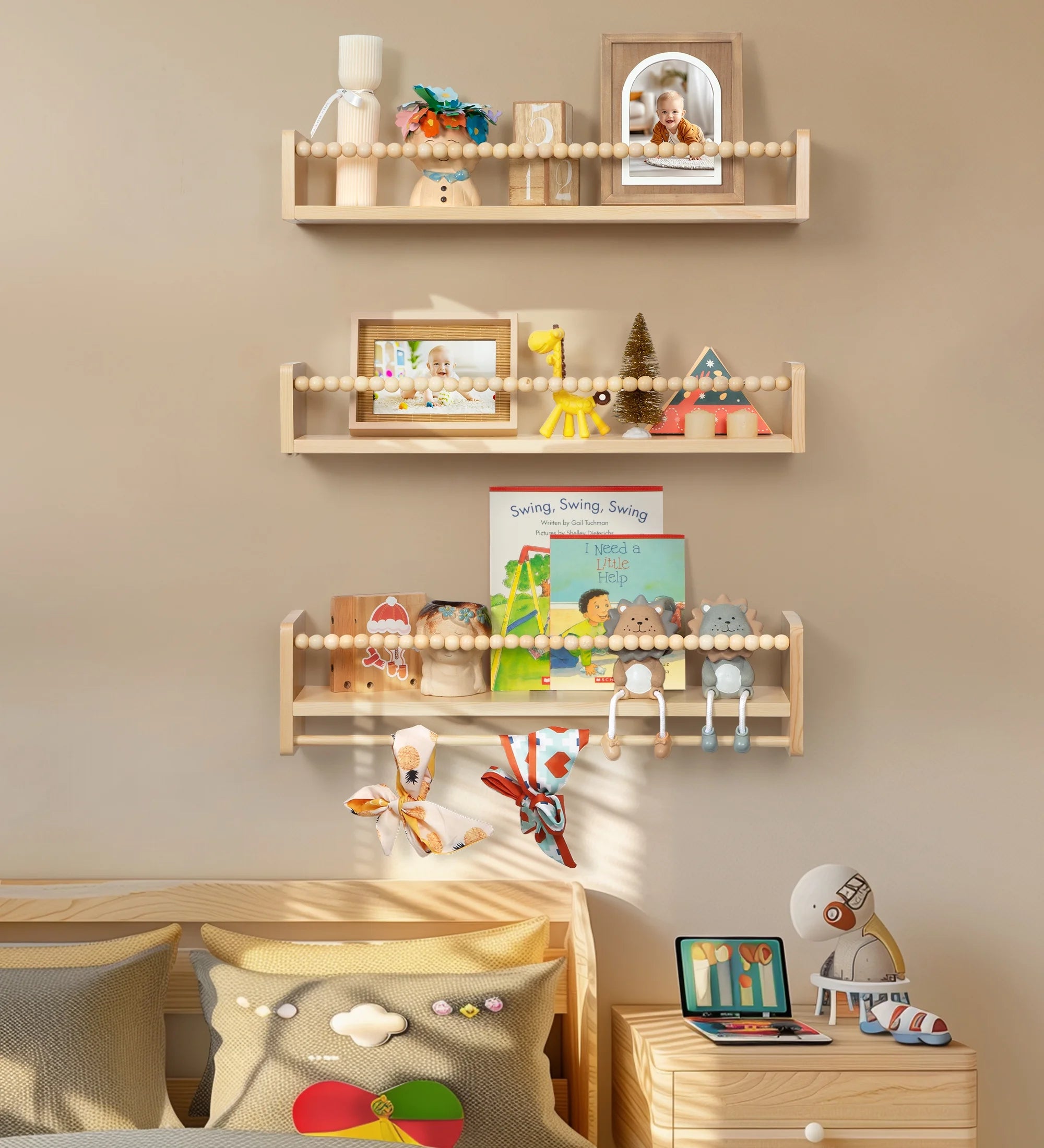 Nursery Floating Shelves for Wall , Kid Float Shelf , Natural Wood Shelf for Kid Bedroom , Kid Bookcases Wall , Toy Storage Organizer for Decor 23In Set of 3