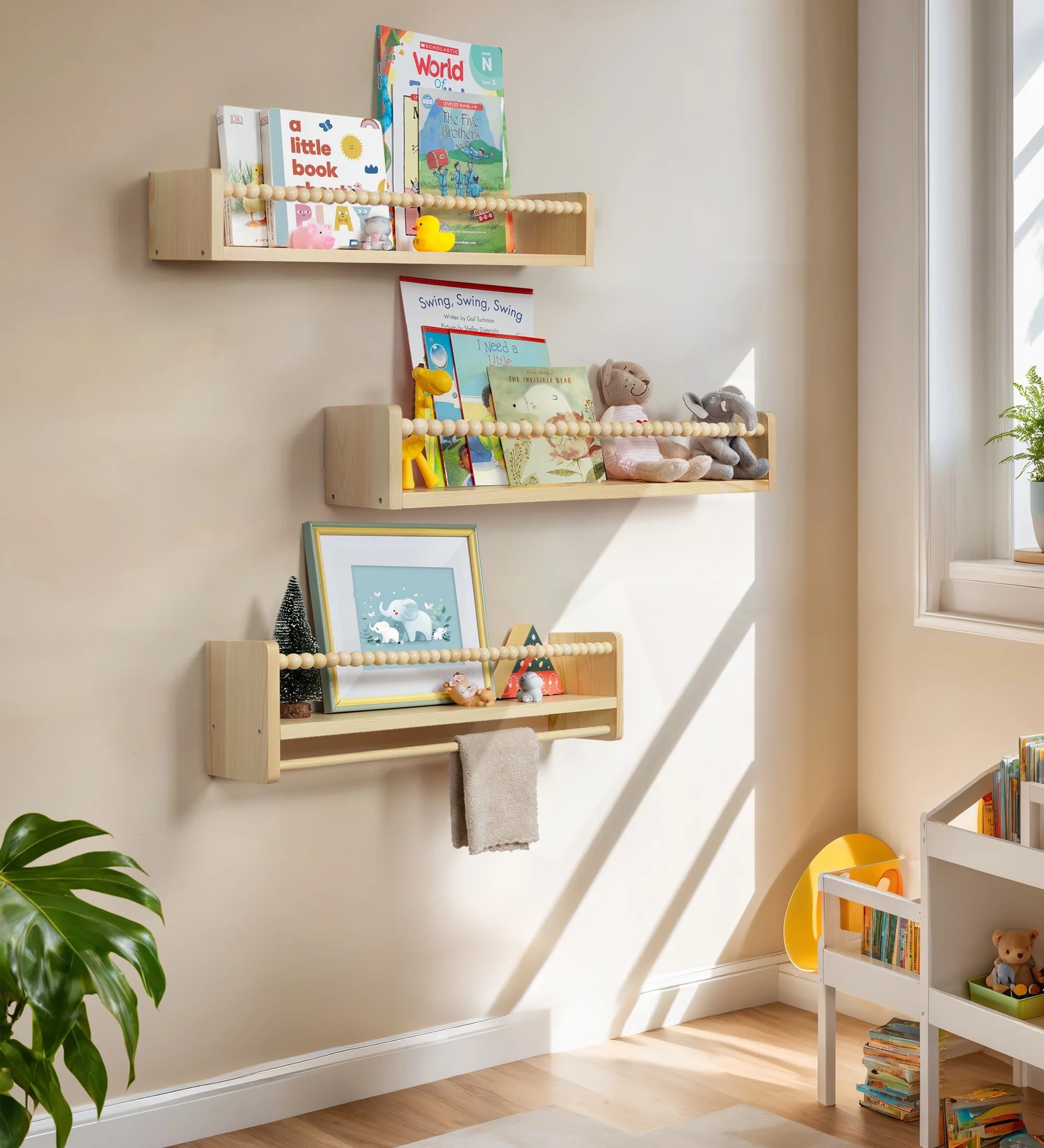 Nursery Floating Shelves for Wall , Kid Float Shelf , Natural Wood Shelf for Kid Bedroom , Kid Bookcases Wall , Toy Storage Organizer for Decor 23In Set of 3