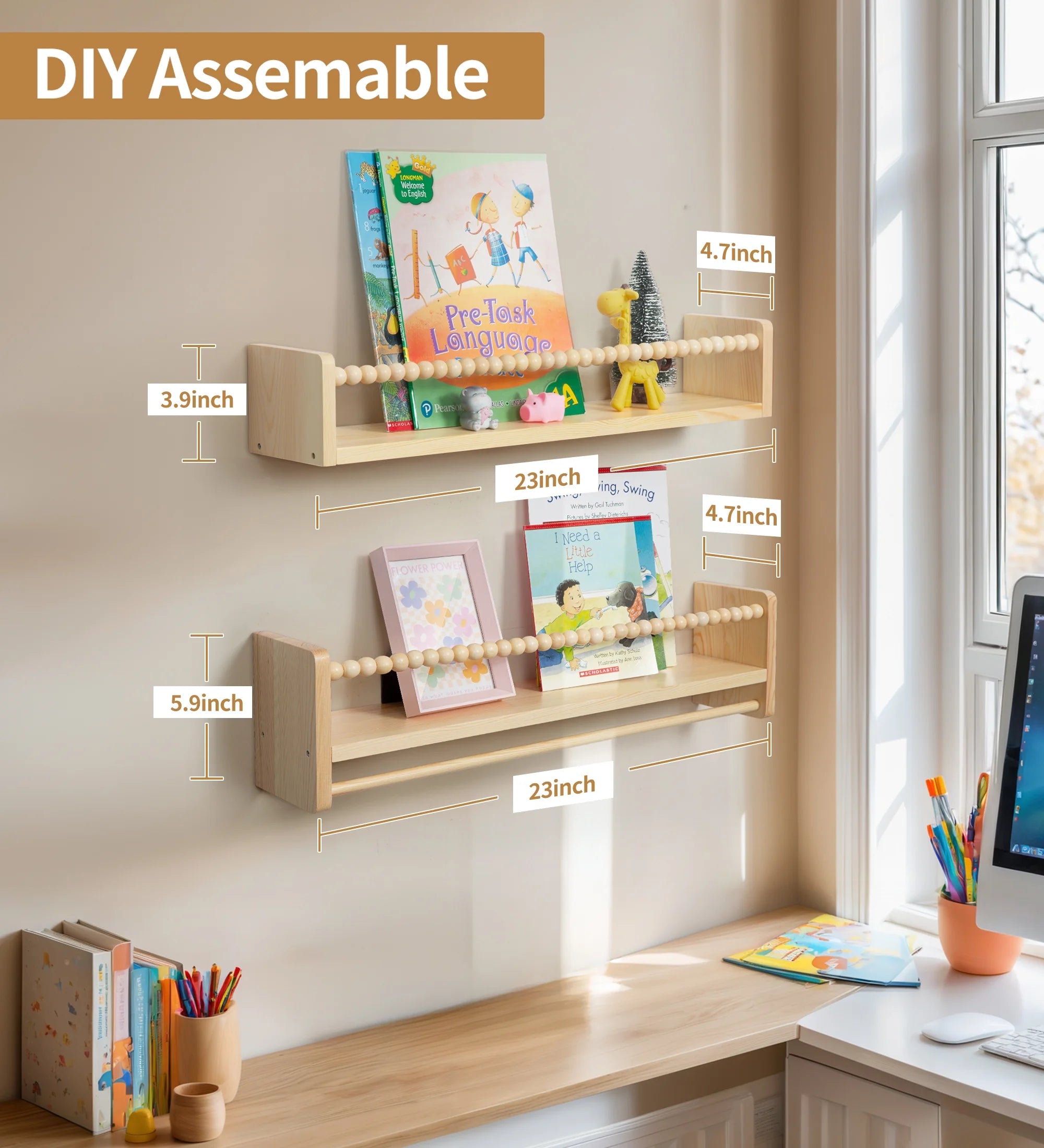 Nursery Floating Shelves for Wall , Kid Float Shelf , Natural Wood Shelf for Kid Bedroom , Kid Bookcases Wall , Toy Storage Organizer for Decor 23In Set of 3